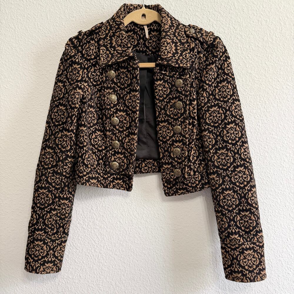 Free People Military Brocade Cropped Jacket Black Gold Jacquard Size 4 Baroque - Picture 2 of 12
